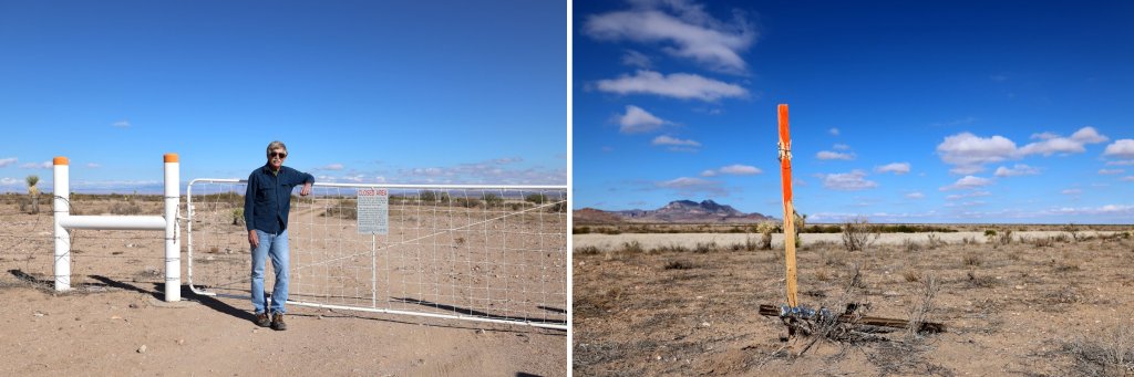En route to check on his lithium claims, geologist Frank Bain poses for a photograph (left) in front of a gate in Lordsburg, N.M., on Nov. 13, 2023. Bain owns 225 mining claims of lithium across 4,500 acres, which are marked with four-foot high stakes (right).