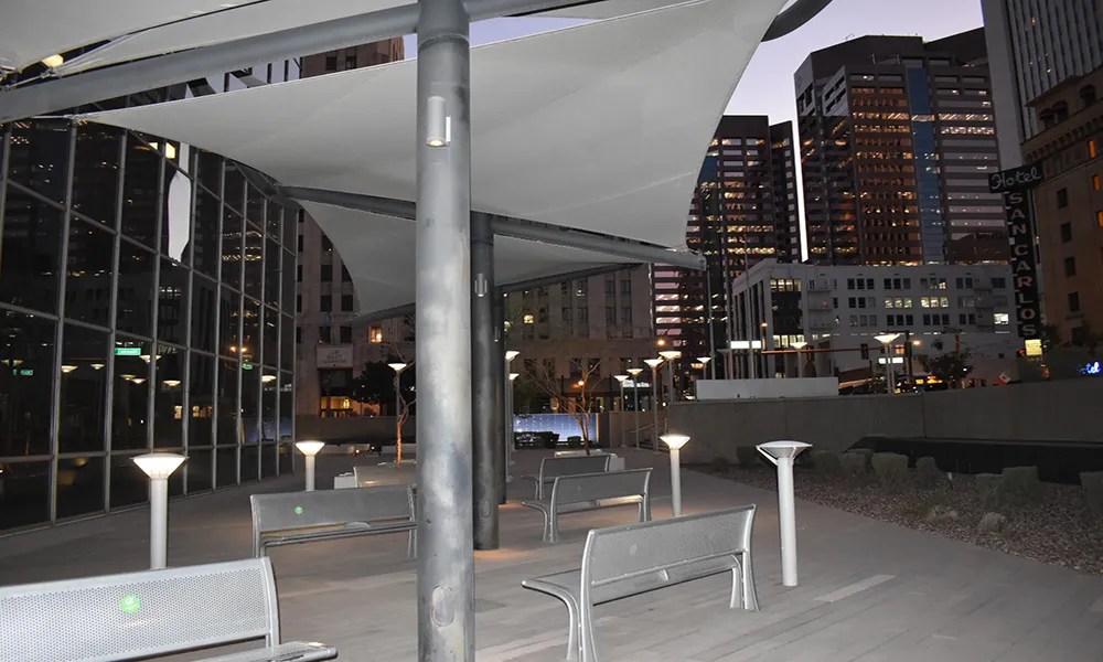 Benches occupy the patio outside the former Chase Tower building at 201 North Central Ave. in downtown Phoenix on Dec. 1, 2021.